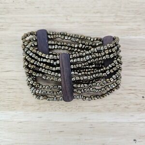 Wood Bracelet Cuff Free Size Boho Hippie Multi Strand‎ Stretch Bangle Brown
